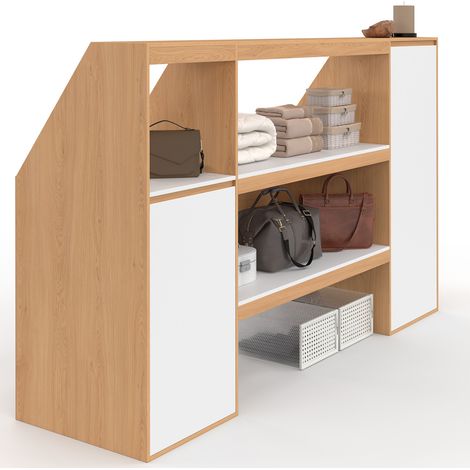 Set Regal 2 Ebenen, Schrank 1 Tür und Schrank 1 Tür + 1 Nische unter Dachschräge TOMI Buche und Weiß