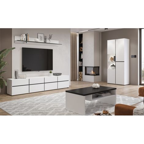 Conjunto de 4 muebles colección HAVANA en colores blanco y negro. Mueble TV XL, vitrina, mesa baja, estantería. (1/5)