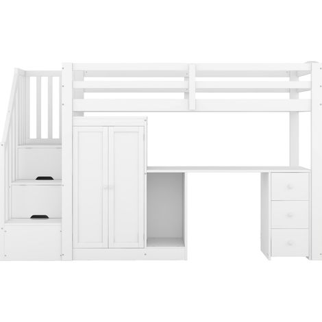 Letto a soppalco 90 x 200 cm bianco con scrivania, armadio, cassetti e scala, rete a doghe (1/5)