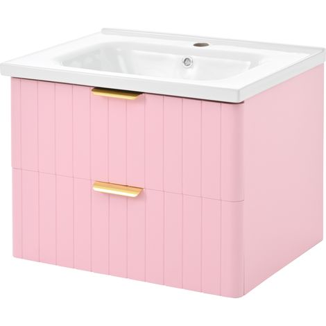 Mueble bajo lavabo suspendido con 2 Niveles de Almacenaje y Lavabo de Cerámica para Baño en MDF Rosa y Blanco (1/5)
