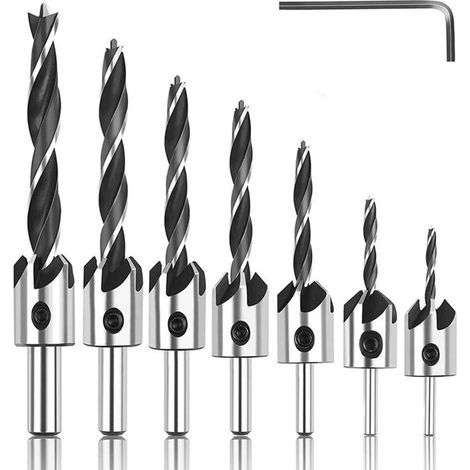 8-piece wood drill bit set with countersinks, conical wood cutters, high-speed HSS steel wood drill bits with hex key chamfering tool, sizes 3, 4, 5, 6, 7, 8, and 10 mm (1/5)