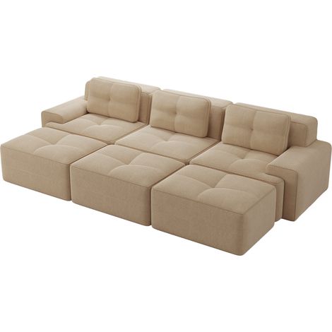 Sofá modular rinconero de tela acanalada beige con función cama y 3 pufs (1/5)