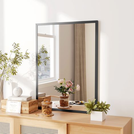 Rechteckiger Wandspiegel 80 x 60 cm, schwarzer Holzrahmen, ideal für Badezimmer, Wohnzimmer oder Schlafzimmer