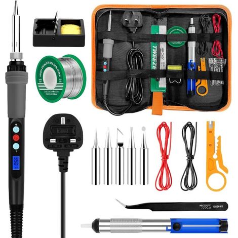 Kit Fer à Souder 90W LCD Température Réglable 180-480°C, Outils de Soudure Électrique 16 en 1, Fil à Souder, 5 Pannes à Souder, Pompe à Dessouder, Pince à Dénuder, Support, Pince à Épiler, Mallette à (1/4)