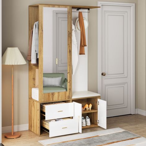 Conjunto completo de vestíbulo 100 x 38 x 180 cm - Espejo retráctil, banco para zapatos y mueble de almacenamiento - Blanco y natural (1/5)