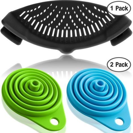 Passoire en silicone avec 2 entonnoirs pliables noir Fixez la passoire à la casserole pour égoutter vos aliments (1/5)