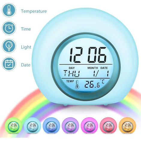 Digitaler Kinderwecker mit 7 Farben, Kinderwecker mit Kalender und Thermometer, kreativer runder Wecker mit LED-Nachtlicht für Kinder und Babys (Farbe) (1/4)