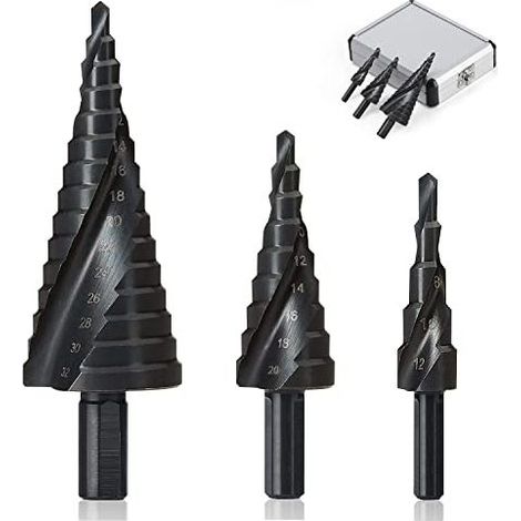 3-teiliges Stufenbohrer-Set 4-12/20/32 mm, Stufenbohrer, HSS-Edelstahl, Titan-Kegeldreieck, mit Sechskantschaft, zum Bohren mit Schraubendreher in Stahl, Messing, Holz, Kunststoff - (1/5)
