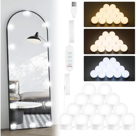LED-beleuchteter Kosmetikspiegel mit 14 dimmbaren LEDs – Hollywood-Schminklicht mit 3 Farben – USB-Kabel – Spiegeldekoration (1/5)