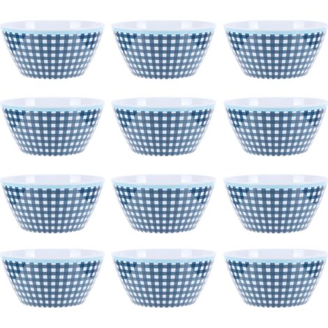 12 Pièces Bols à Salade 6 Pouces, Vaisselle de Service Imitation Porcelaine, Motif Quadrillage Bleu Foncé
