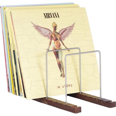 Support de Rangement pour Vinyles, Présentoir, avec un Design Premium en Acier Inoxydable et Bois de Noyer Massif, Jusqu'à 75 vinyles, pour votre Salon ou Pièce Hifi (1/4)