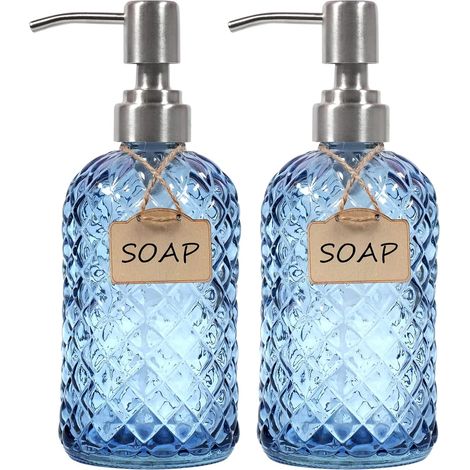 1 - Distributeur de savon - Verre - Pompe acier inoxydable 304 - Pour salle de bain et cuisine - Bleu - 18,5x7,1cm (1/4)