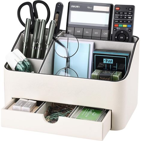 Organiseur de Bureau avec 5 Compartiments & Tiroirs, Organiseur Multifonctionnel pour Stylos - Porte-Stylo de Bureau pour Bureau, Maison (Blanc) (1/5)