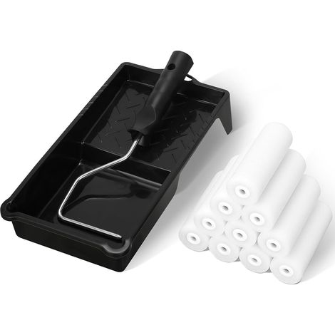 11 cm Farbroller-Set, 12-teilig, mit Schaumstoffgriff und Farbwanne für Holz und Metall (1/5)