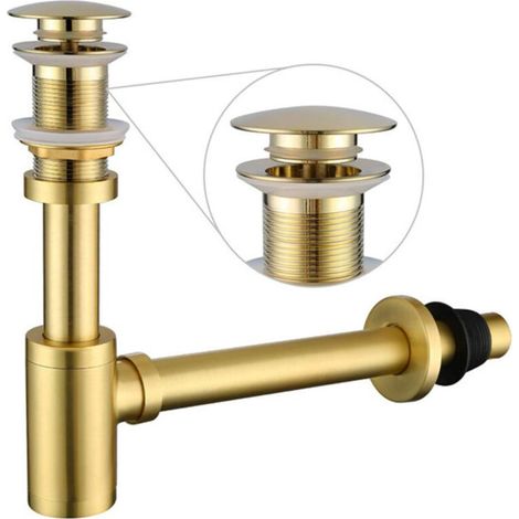 Ensemble complet de siphon en P pour lavabo de salle de bain, kit de vidange d'évier réglable de 1-1/4 po, tube en laiton massif avec siphon à tirette, version sans trop-plein, or brossé (1/4)