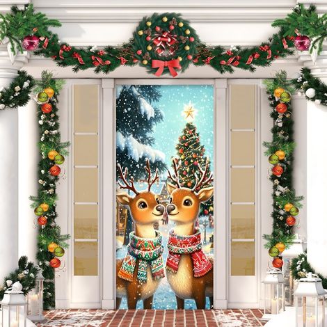 Stickers de porte de Noël, décorations de porte Père Noël, décorations de fête du Nouvel An, décorations de fêtes, bannières/décorations de porte - 90 x 180 cm (avec trous et ruban) - 1