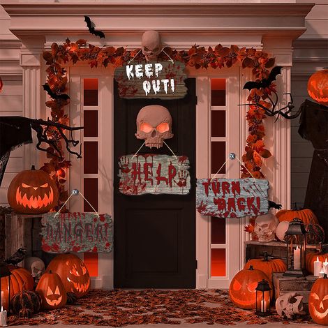 Halloween - insegna porta effetto legno - Giorno dei fantasmi - Decorazione atmosfera horror per casa infestata - targhe con impronte di mano insanguinate - 4 pezzi (1/5)
