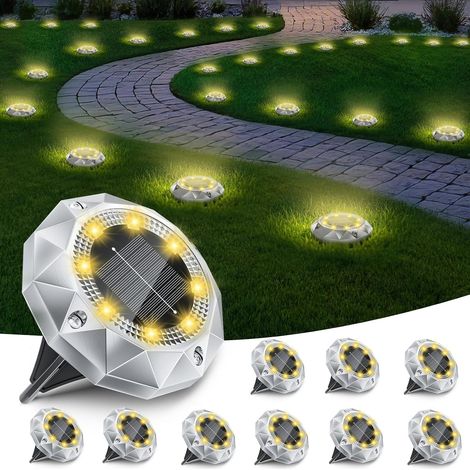 Lot de 10 Lampe Solaire Au Sol Jardin, 8 LED Lumiere Solaire Exterieur Étanche IP65, Spot Solaire Extérieur Encastrables pour Chemins Pelouse Cour Jardin Chemin Piscine Allée, Blanc Chaud (1/5)