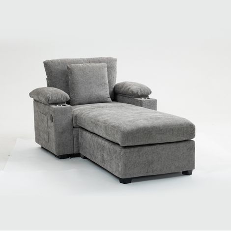 Chaise longue singola in tessuto chenille grigio con portabicchiere e funzione di ricarica USB (1/5)