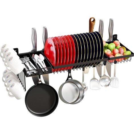 Stainless Steel Adjustable Wall Mounted Dish Drying Rack Over Sink Dish Rack Large Capacity Pot Holder with Utensil Holder (1/5)