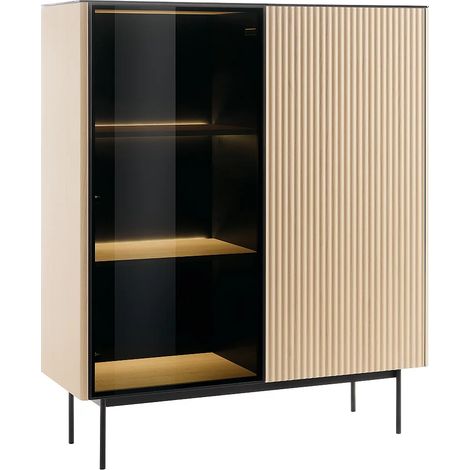 Vitrine 2 portes avec LEDs en MDF et verre fumé - H. 127 cm - Naturel clair et Noir - SAYERA (1/4)