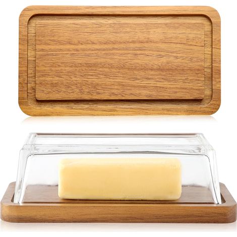 Beurrier en verre 22 x 11 cm en bois d'acacia avec couvercle transparent pour 250 g de beurre, beurrier en bois (1/5)