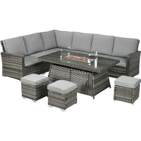 Seven-Piece Firepit Table Rattan Sofa Set，Convertible 4-5 Seater Polyester Rope Patio Set with Lounge Sofa and Armchairs - Grey