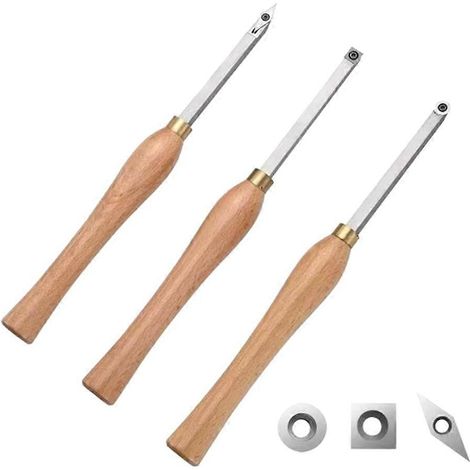 Ensemble de 3 ciseaux à bois pour tour à bois comprenant un ciseau carré, rond et en carbure de diamant. (1/5)