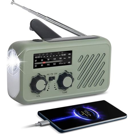 Radio solar de emergencia, radio de manivela autoalimentada, radio meteorológica portátil AM/FM/WB con batería recargable de 2000 mAh, bolsillo LED, SOS, carga de teléfono, para senderismo y uso al ai (1/5)