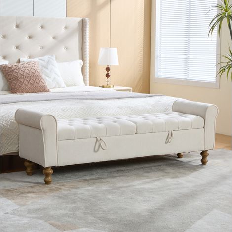 Beige Samt-Sitzbank mit Stauraum, 2 Klappen und Beinen aus Kautschukholz (1/5)