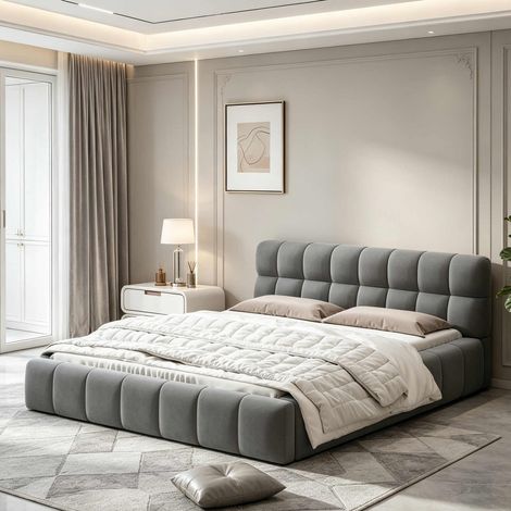 Lit adulte 160x200 cm – Gris – Tissu lin – Tête de lit capitonnée – Sommier à lattes – Style moderne – Structure panneaux
