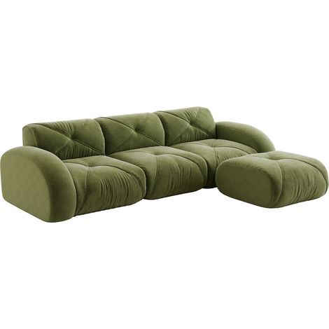 Sofá modular en L de chenilla verde, 3 plazas, sin montaje, con reposapiés, HOMVRA (1/5)