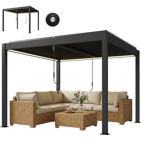 Pergola 3 x 3 m, Couverture de Terrasse en Aluminium avec Éclairage LED, Télécommande et Toit à Lames Orientables