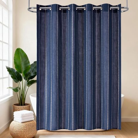 Rideau de douche Boho sans crochets, tissu rayé en polyester et lin, revêtement imperméable, rideau de bain rustique de style chalet shabby chic, 182x190cm (1/5)