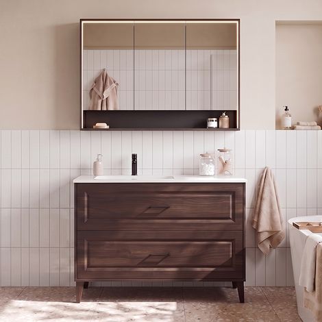 Ensemble meuble simple vasque encastrée gauche 120cm et armoire miroir Moka Bois foncé (1/5)