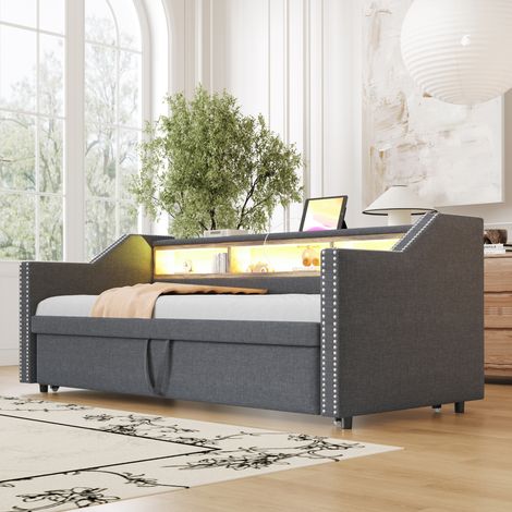 Canapé Lit 90x190cm - Convertible en 180x190cm - Tissu Lin - Rangements avec LED et USB - Structure Bois et Métal - Capacité 300kg - gris