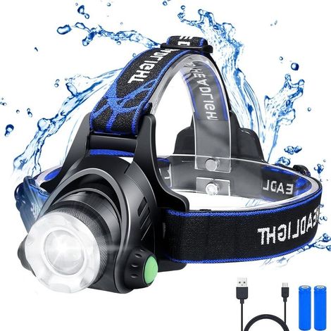 Lampe Frontale Rechargeable LED,Torche Frontale IP64 Étanche Zoomable 3 Modes avec Câble USB 2 Piles 18650 avec Voyant Lumineux pour Camping,Pêche,Vélo,Randonnée (1/5)