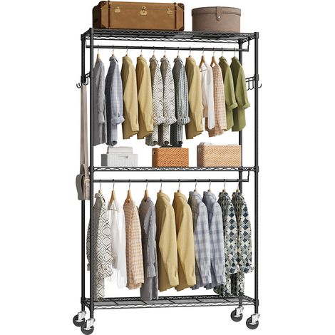 Portant à vêtements robuste à roulettes - 3 niveaux de rangement - Organisation idéale pour dressing ou chambre - Finition noire cuite au four (1/5)