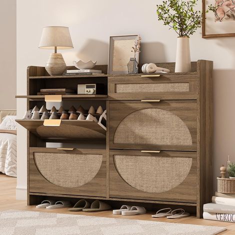 Schuhschrank Rattan mit 4 Klappfächern & 2 Schubladen, 110x24x100cm
