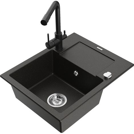 Mexen Enzo lavello in granito a 1 vasca con sgocciolatoio e rubinetto da cucina Duero, nero/oro metallizzato - 6506-75-671600-70 (1/5)