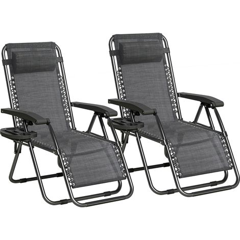 Set of 2 Zero Gravity Reclining Folding Outdoor & Garden Chairs with Textilene Fabric, Cup Holder and Headrest Pillow BLACK FRAME & BLACK GREY TEXTILENE (1/5)