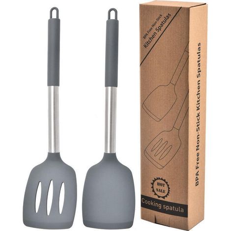 Lot de 2 ustensiles de cuisine en silicone, spatule pour sauté, antiadhésive, grise (1/5)