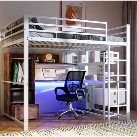 MEUBLIV Cama alta 140x200 cm blanca – LED, escritorio y almacenaje, sin colchón (1/5)