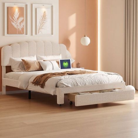 Cama 160x200 cm - USB y Type-C - Contemporáneo - marco de cama para adultos 160x200 cm - Terciopelo Teddy - beige (1/5)