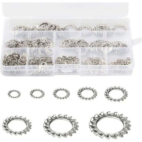 Rondelles de Verrouillage des Dents 300 pièces Rondelle Frein Inoxydable Rondelles Dentées Rondelles de Blocage Rondelles Dentées Externes Assortiment Ensemble (M2,5 M3 M4 M5 M6 M8 M10 M12) (1/5)