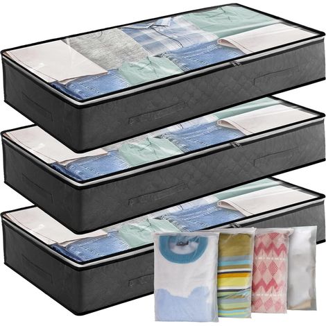 Lot de 3 pochettes de rangement sous lit 90L avec 4 grands sacs zip - Boîte de rangement à vêtements avec fenêtre PVC pour vêtements, couettes, couvertures, linge de lit, édredons (1/5)