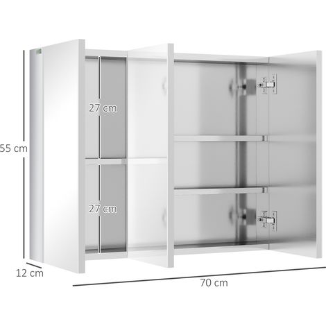 Meuble salle de bain mural avec miroir, placard de rangement 3 portes en verre, 5 tablettes, finition acier brossé argent, dimensions 70x12x55 cm. (1/5)