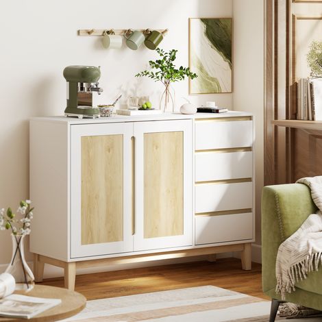Buffet, meuble de rangement avec 2 portes et 4 tiroirs, étagère réglable, 120 x 40 x 86 cm, blanc et chêne (1/5)
