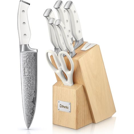 Kitchen Knife, 7 Piece Knife Block with Built-in Sharpener, Beige Wood Block, Scissor Knives, Stainless Steel, White Handle (1/5)