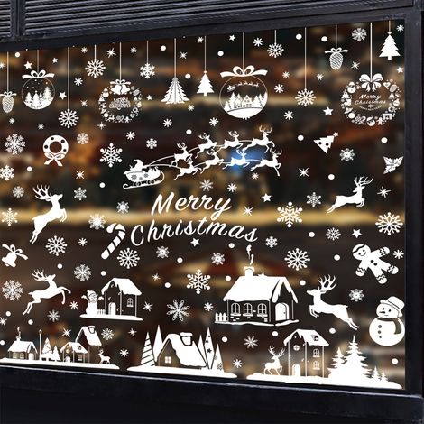 Autocollants blancs pour vitrines de Noël, guirlandes de Noël, flocons de neige, autocollants statiques, autocollants pour vitrines de traîneaux de rennes, décorations de Noël pour vitrines de magasin